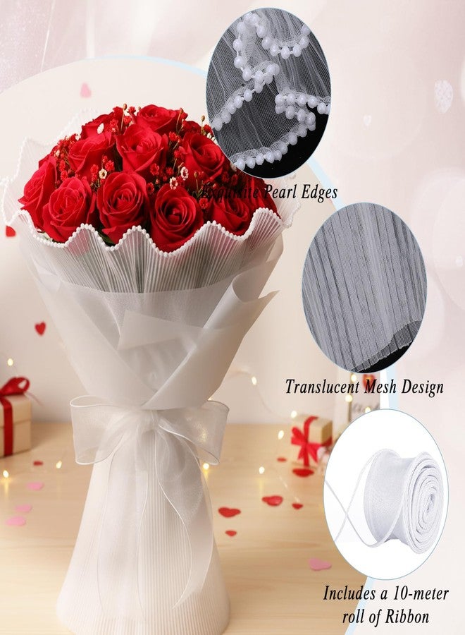woric 4.37 Yards White Flower Bouquet Wrapping Paper with 10 Yards White Ribbon, Pearl Edge Wrinkled Floral Wrapping Mesh Paper for Valentine's Day Florist Supplies Wedding Party Favor Decor - Image 3